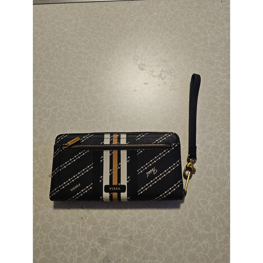 Fossil Logan‎ Zip Around Clutch Wristlet Wallet Black Striped Logo Canvas